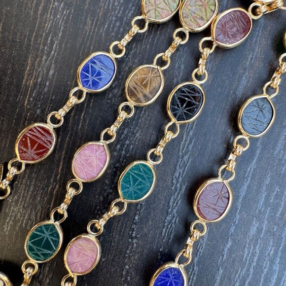 CARLA SCARAB NECKLACE 14K Gold Links 20" Gemstone Scarabs, Vintage Egyptian Rev - Picture 10 of 16